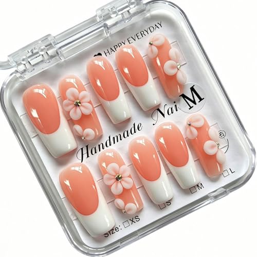Luvqara SY303 Long Square Pink Nude French Tip Press-On Nails - Handmade 3D Flower Design, Reusable, 10 Pcs