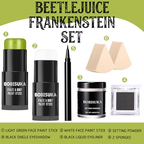 BOBISUKA Light Green & White Face & Body Paint Stick Kit with Black Eyeshadow, Eyeliner & Sponges - Halloween Cosplay Makeup Set