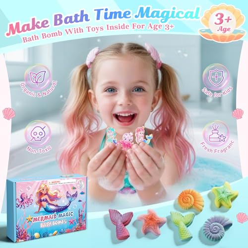 Kids Mermaid Bath Bombs with Toys - Ocean Themed Gift Set for Girls Age 4-8