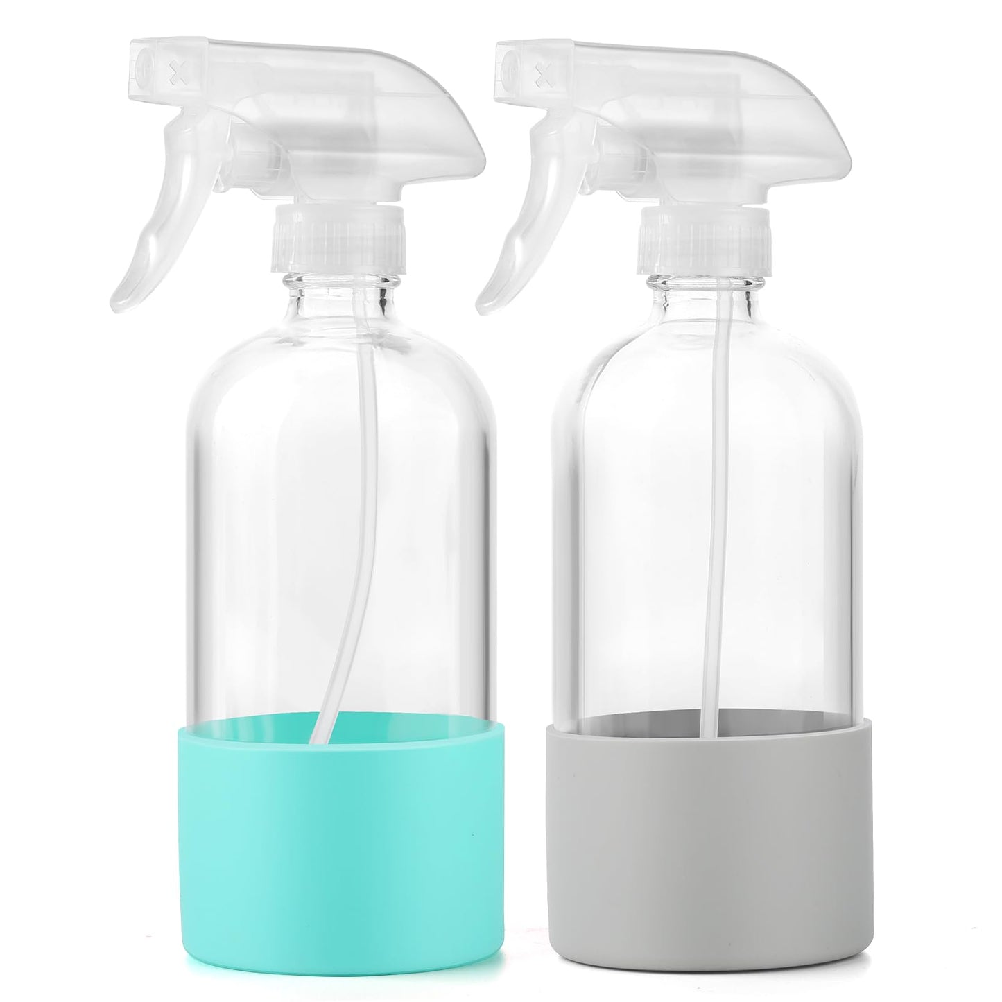 TTTred Glass Spray Bottles (2-Pack) with Silicone Sleeve - 16oz Empty Refillable Bottles - Adjustable Nozzle for Hair, Plants, Cleaning & DIY Solutions - Mint Green & Grey