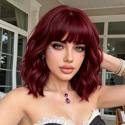 PHOENIXFLY 14 Inch Burgundy Short Wavy Bob Wig with Bangs
