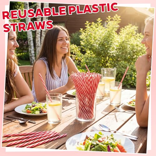 Honeydak 50 Pcs Red and White Stripe Reusable Drinking Straws