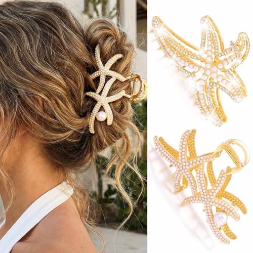 Gold Starfish Claw Clips for Women - Seashell Hair Accessories, Mermaid Style