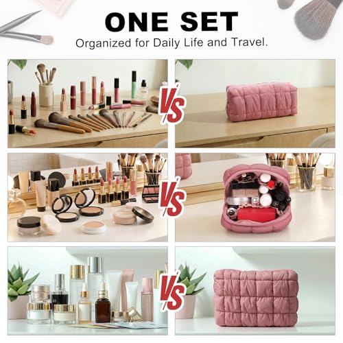 JZRTravel 3 Pack Puffer Quilted Makeup Bags Set - Dark Pink
