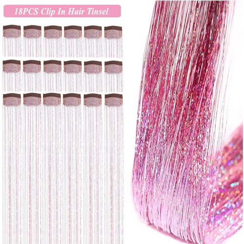 Hair Tinsel Kit - 18 Pcs Glitter Clip-In Extensions, 19.6 Inch
