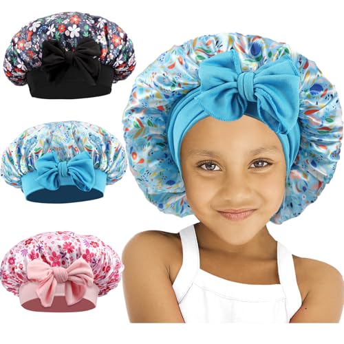 Kids Satin Bonnet 3-Pack - Soft Tie Sleep Caps for Girls & Boys, Breathable & Stretchy