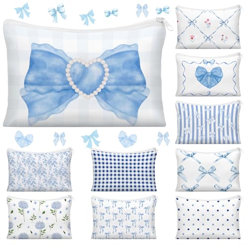 10 Pcs Coquette Bow Makeup Bags, Blue Canvas Cosmetic Travel Pouch Set
