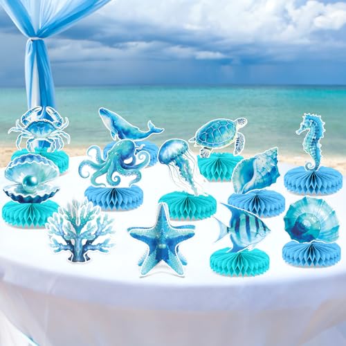 12 Pcs Gradient Blue Under the Sea Honeycomb Centerpieces - Ocean Animal Decor for Parties
