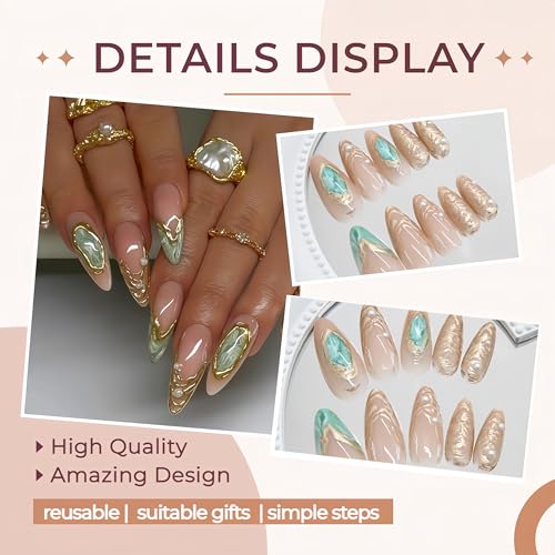 24 Pcs Green Marble Press On Nails - Almond Shape with Gold Glitter