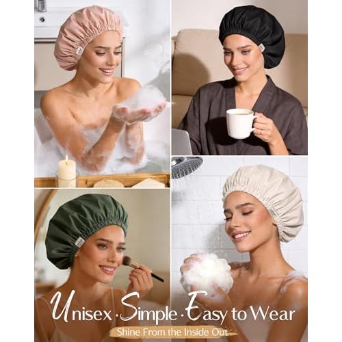 Yanibest Satin Lined Shower Cap for Women Reusable Waterproof, Frizz Free & Large Bath Cap with Soft Elastic Band, Luxury Hair Protection Caps (Peachy Pink)
