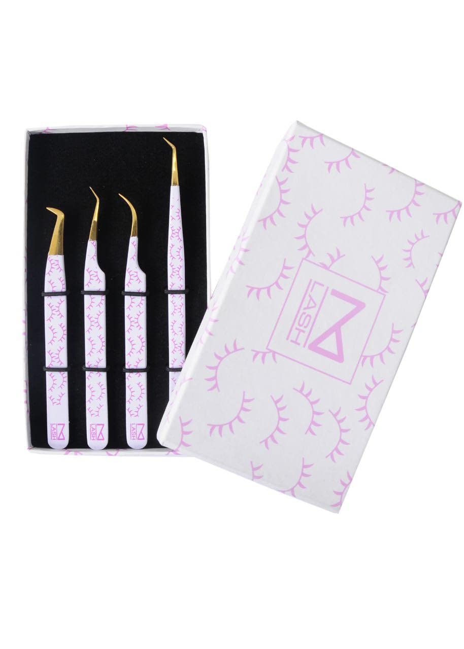 M LASH Tweezers for Eyelash Extensions (Set of 4) - Professional Lash Extension Tweezers - Fiber Tip, Japanese Steel, Diamond Grip Eyelash Extension Tweezer (WP-SET)
