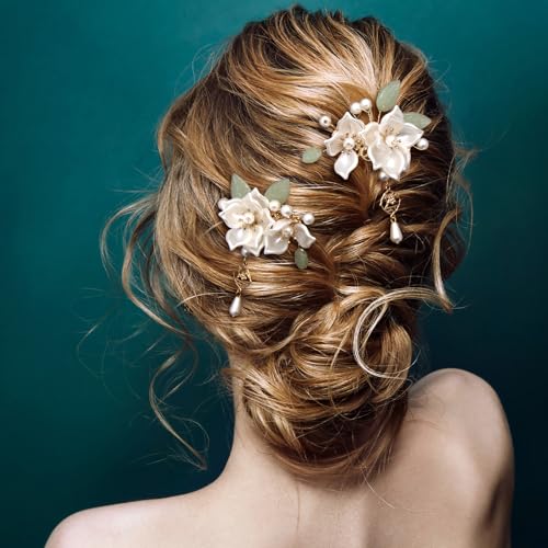 Camellia 5pcs White Flower Tassels Hairpins for Women Wedding Pearl Headpiece
