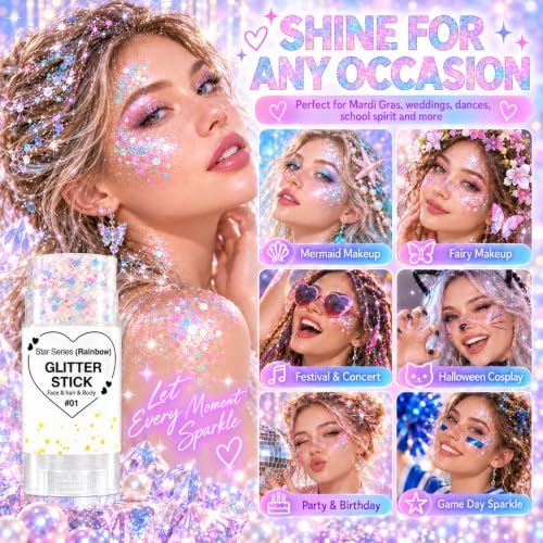 01Rainbow Rainbow White Hair Glitter Stick for Kids & Adults - Face, Body & Hair Sparkle