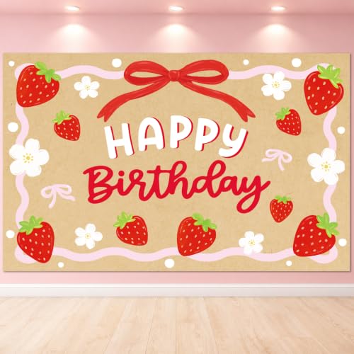 Strawberry Birthday Backdrop Banner - 39x24.5 Inch Berry Decor