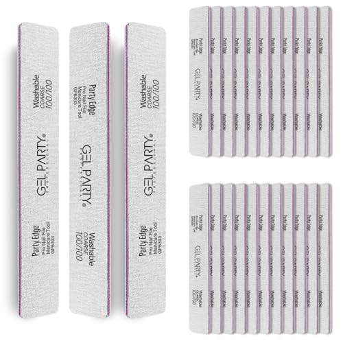 GEL PARTY 100/100 Grit Square Nail Files - 25 Pack Washable Emery Boards