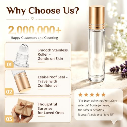 PrettyCare 10ml Essential Oil Roller Bottles - 4 Pack, Leak-Proof Glass