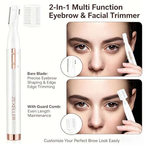 Upgraded Eyebrow Trimmer, Precision Electric Razor for Women Men, Battery Operated Painless Facial Hair Remover with Adjustable Comb & Washable Blade (Face, Upper Lip, Chin, Neck)