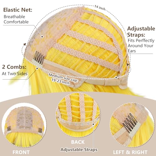 Yellow 12-Inch Synthetic Bob Wig with Flat Bangs for Costume & Parties