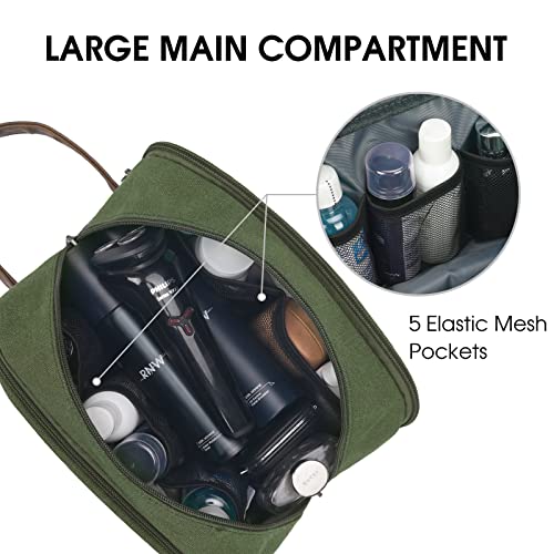 WANDF Green Travel Toiletry Bag for Men - Canvas Dopp Kit with Wet/Dry Separation