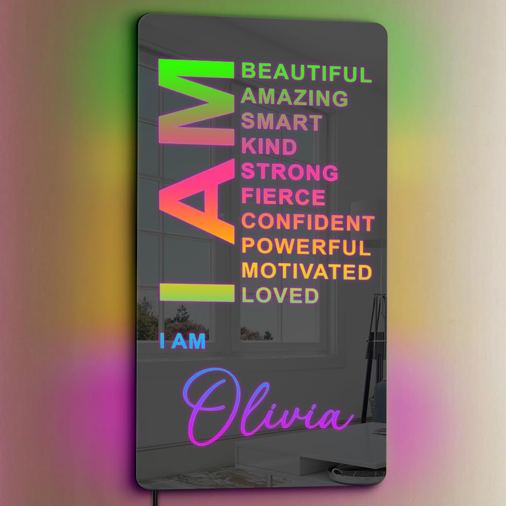 ONPRINTS Personalized Affirmation Mirror LED Light - I Am Mirror - Light Up Sign for Wall RGB Light - Personalized Name Sign for Bedroom Living Room