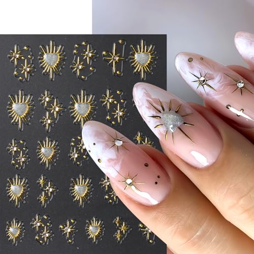 3 Sheets Gold Star Nail Stickers with Rhinestones - 5D Aurora Design