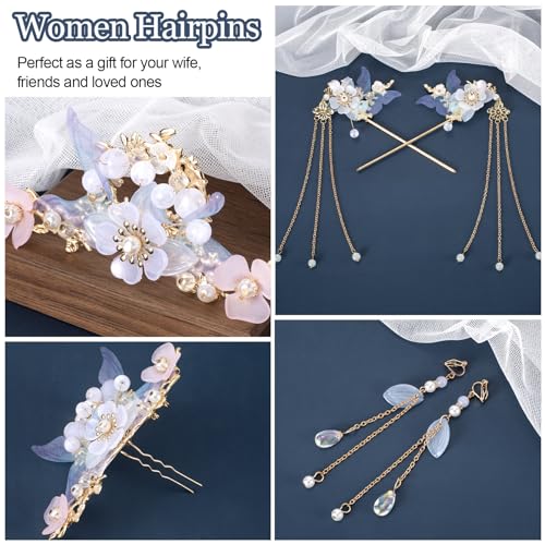 HINZIC 5pcs Blue Flower Tassel Hairpins for Weddings & Events