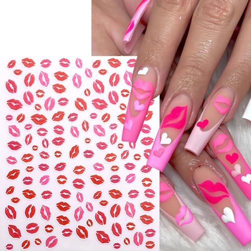 Valentine's Day Lip Nail Stickers - 6 Sheets Self-Adhesive Colorful Lip Decals for Manicure, Pink & Red Lips & Heart Design, Lip Variation