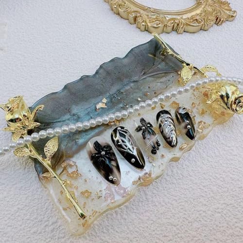 Colorful Gothic Press-On Nails Set with 3D Flowers & Chains - Medium Almond Black Silver for Women