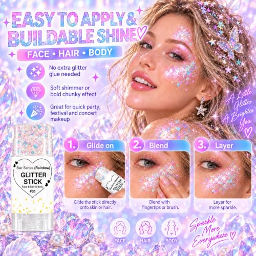 01Rainbow Rainbow White Hair Glitter Stick for Kids & Adults - Face, Body & Hair Sparkle