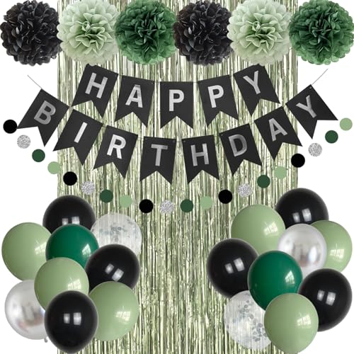 Sage Green & Black Happy Birthday Party Decorations Set - Banner, Balloons, Pom Poms & Curtain