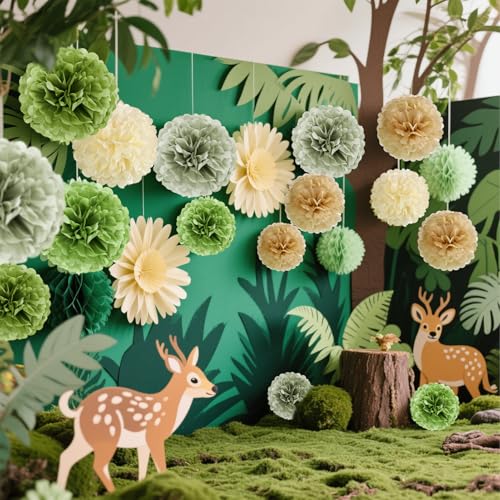 Sage Green Tissue Paper Pom Poms - 15 PCS for Baby Showers & Weddings