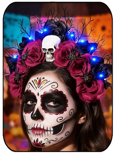 LED Light Up Rose Halo Crown Headband for Women - Gothic Skull Design
