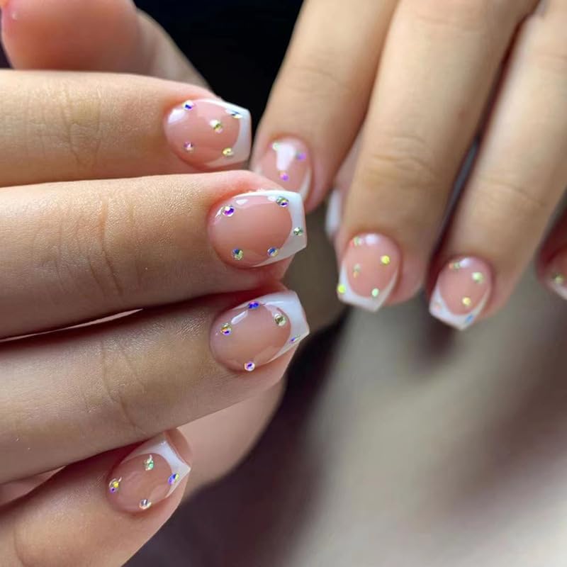 Cat Eye French Tip Press-On Nails - Nude & Pink Short Almond | Reusable Glue-On Nails with Gold Line for Weddings & Parties
