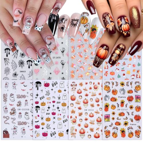 SPNBCQ Orange Halloween & Autumn Nail Art Stickers, 8 Sheets, 3D Self-Adhesive Pumpkin Face & Ghost Decals