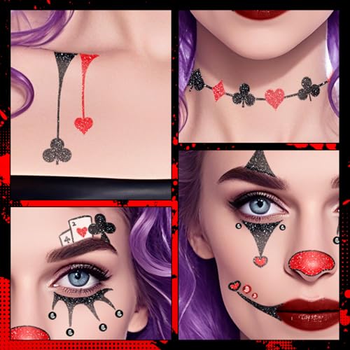 Halloween Clown Face Tattoos & Face Gems Costume Makeup Kit