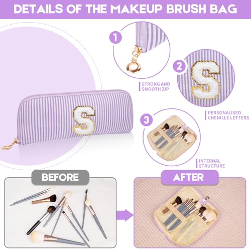 Junesters Personalized Purple Initial Makeup Bag Set - Travel Cosmetic Organizer for Women