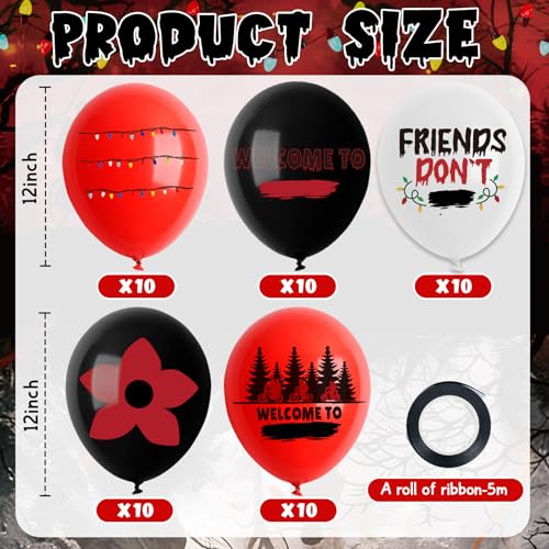 50 Pcs Black & Red Stranger Themed Balloons - 12 Inch Latex Party Decorations