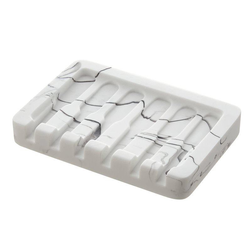 INIUNIK Self Draining Soap Dish - Marble Look Soap Holder Tray Savers Box Container Sponge Holder for Bathroom Shower Kitchen, White
