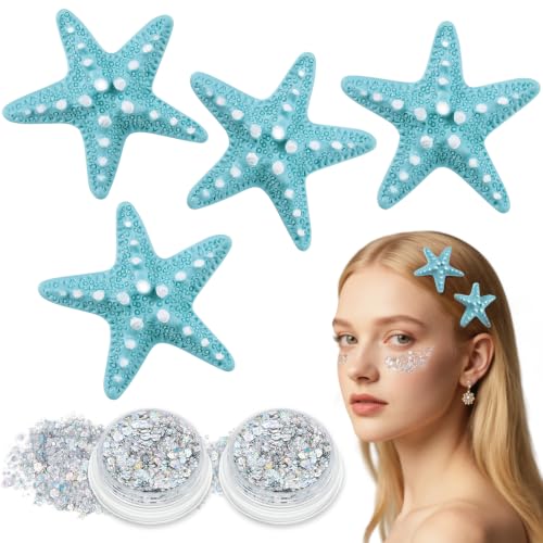 Sightor Green Mermaid Starfish Hair Clips & Glitter Gel Set - 4pcs