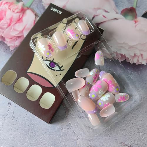 24 Pcs Almond Press On Nails with Colorful Daisy Flowers - French Tip Acrylics