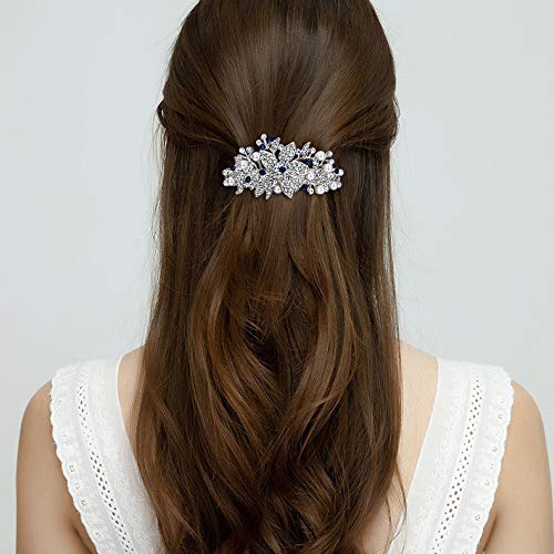 Ever Faith Blue Austrian Crystal Bridal Hair Clip Barrette with Simulated Pearls