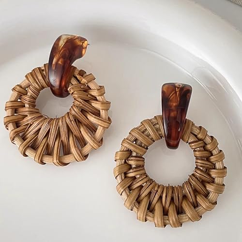 Handmade Bohemian Raffia Rattan Hoop Earrings for Women