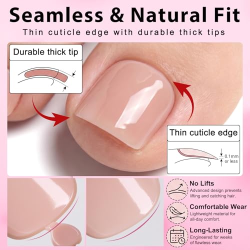 LuckForever Nude Press On Toenails 120pc Short Square Glue-On Kit for Women