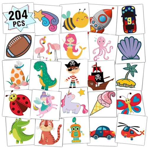 Kids Temporary Tattoos Pack - 204 Waterproof Fun Body Art Stickers