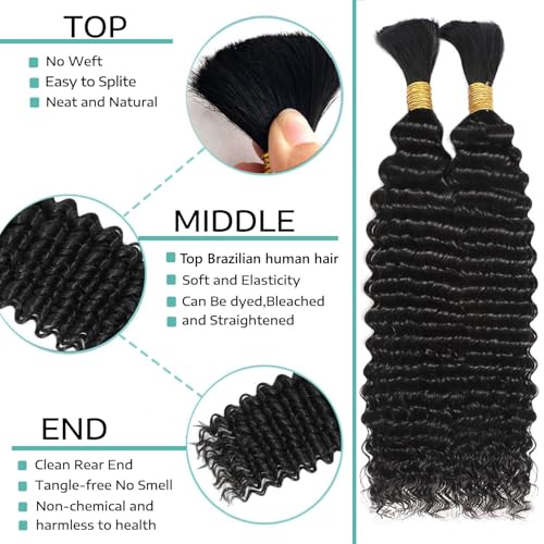 Human Braiding Hair for Boho Braids 110g 20 Inch Deep Water Wave Bulk Human Boho Hair for Braiding No Weft 12A Wet and Wavy Curly Human Hair Extensions 2 Bundles/Pack Natural Color