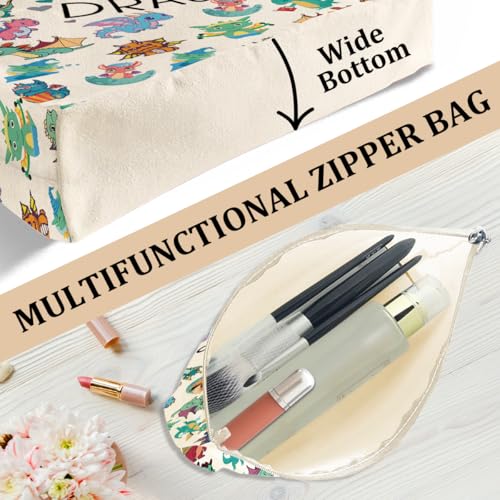 Dragon Print Canvas Tote Bag with Matching Cosmetic Zipper Pouch Set