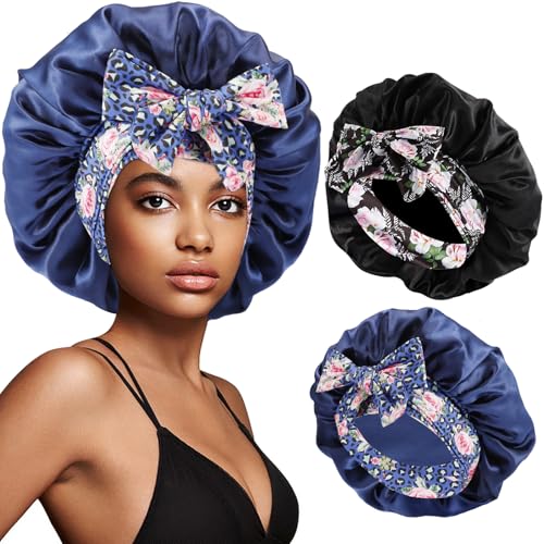 2Pcs Large Satin Sleep Bonnet with Adjustable Tie Bands - Black (Set of 2)