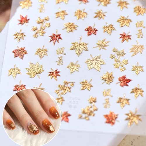 Sutaozhi Maple Leaf Stickers Style 12 - Fall Nails Art Decals, Gold Glitter Autumn Design, Thanksgiving Nail Decor, 1PCS