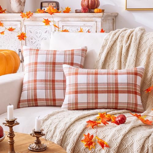 Set of 2 Orange Plaid Throw Pillow Covers - 18x18 Inch for Autumn Decor