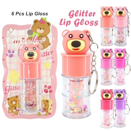 6 Pcs Hydrating Shimmer Lip Gloss Set with Cute Bear Keychain Design